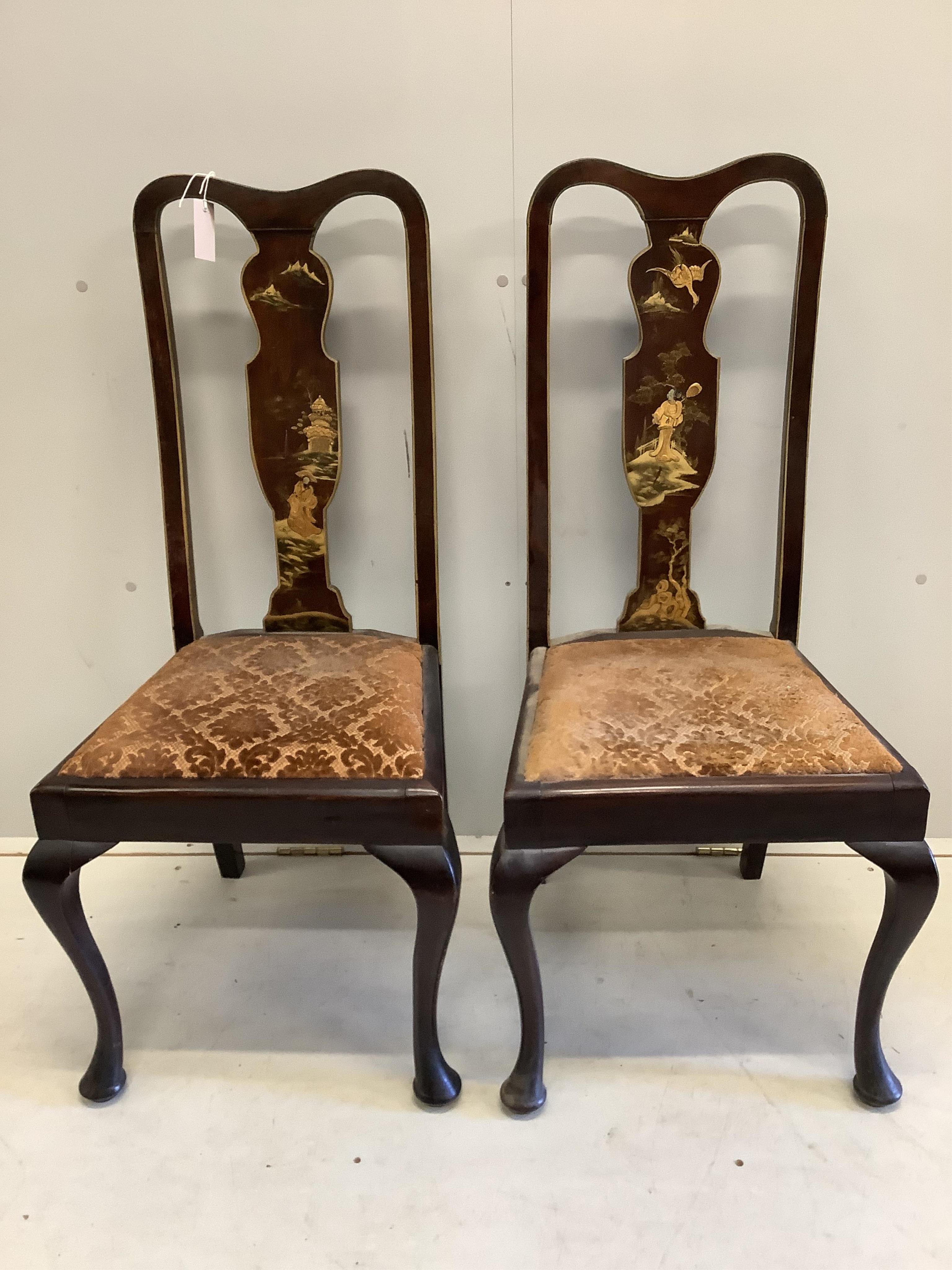 A suite of 20th century chinoiserie lacquer furniture comprising a standing corner cupboard, width 65cm, depth 40cm, height 182cm, a shaped oval centre table and four chairs
